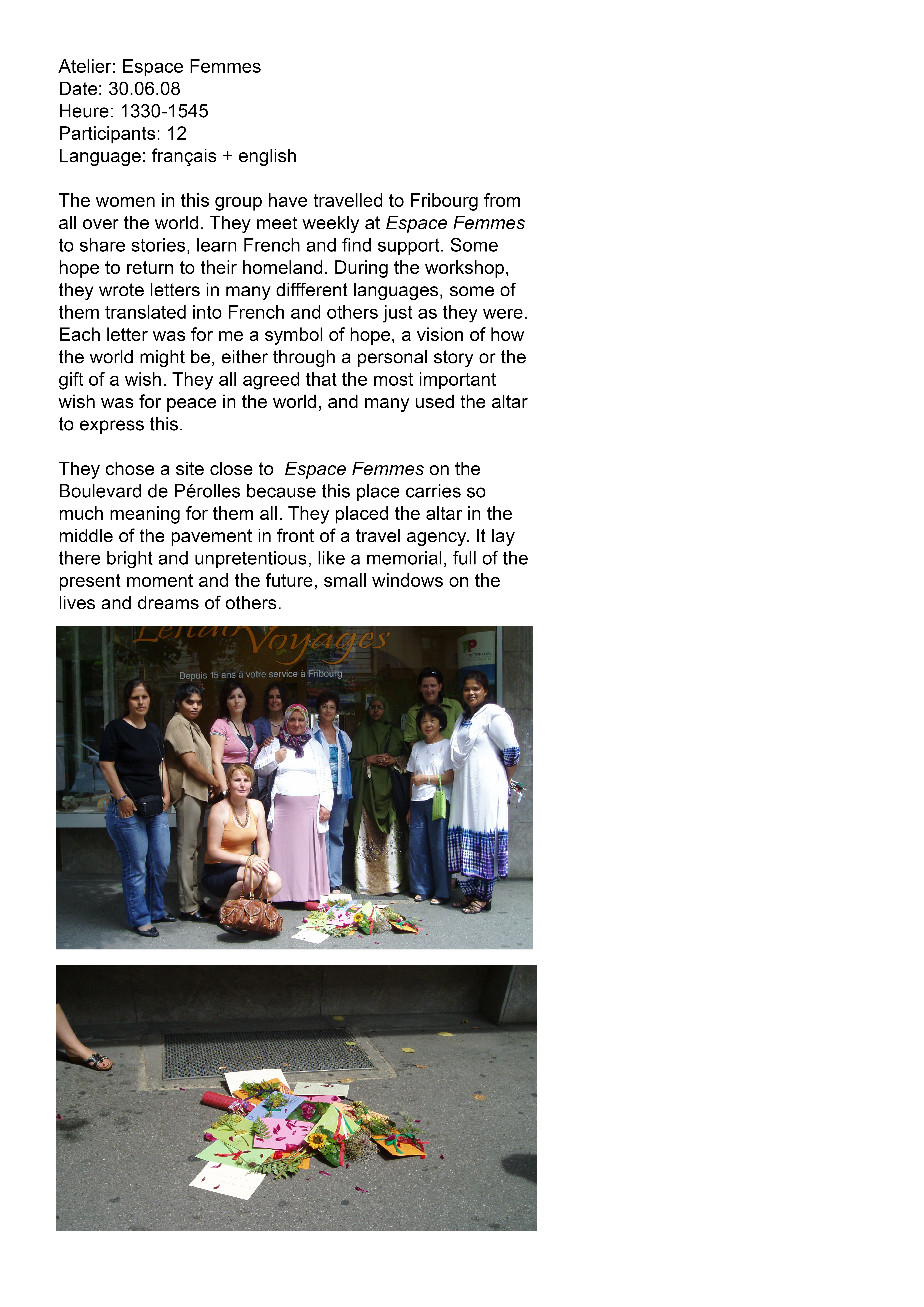 Altars of us all - workshop 5 (altar location: street pavement, Bd de Pérolles)